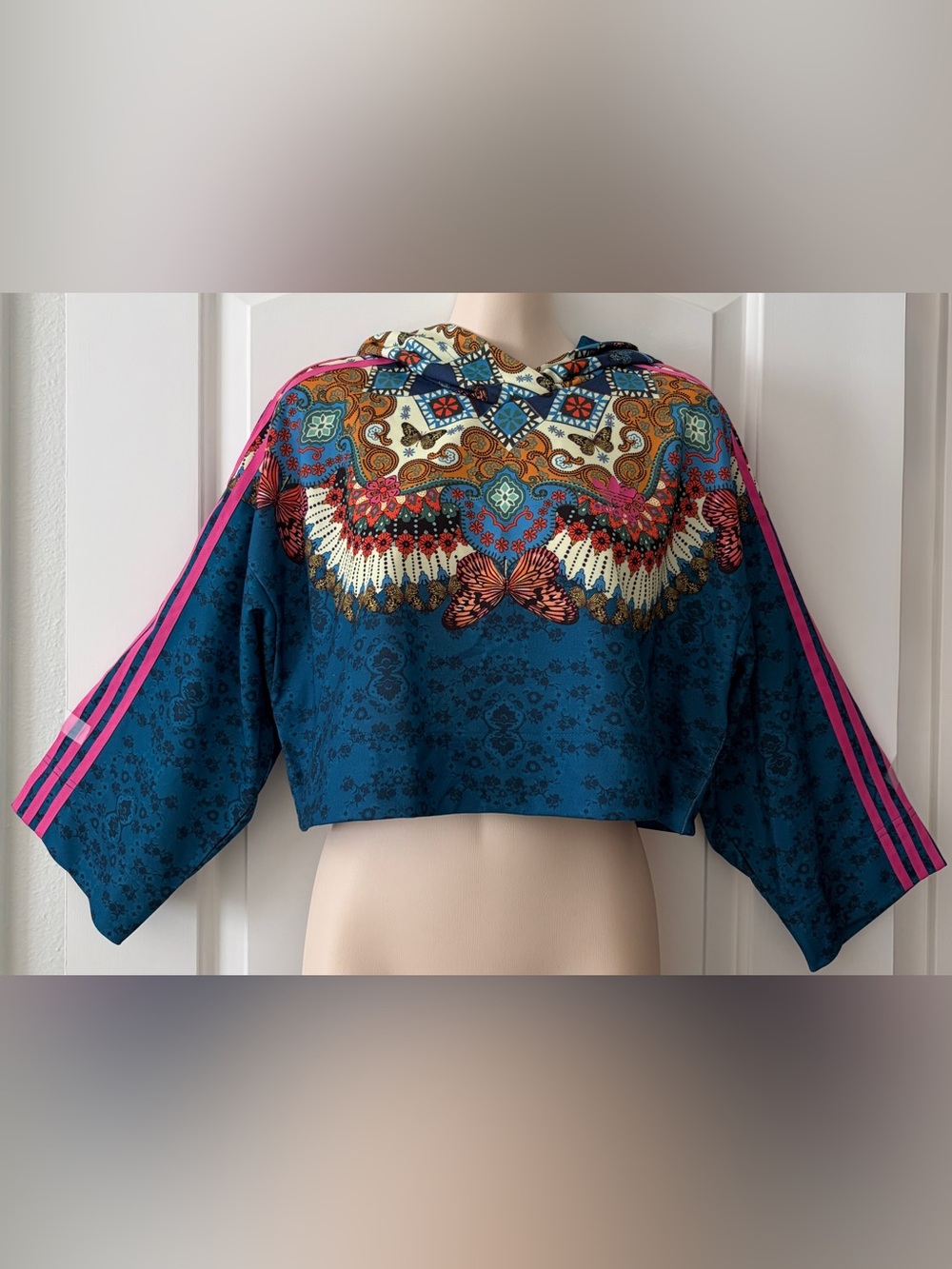 adidas Teal Blue Cropped Hoodie with Pink Stripes and Multicolor Paisley